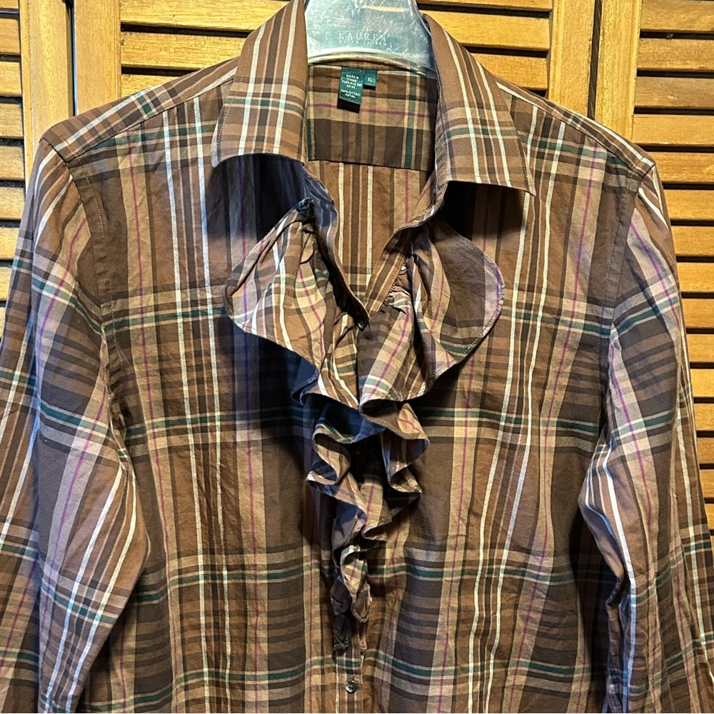 Lauren Ralph Lauren Brown, Tan, Green, Red and White Plaid Ruffled Shirt - Picture 4 of 16